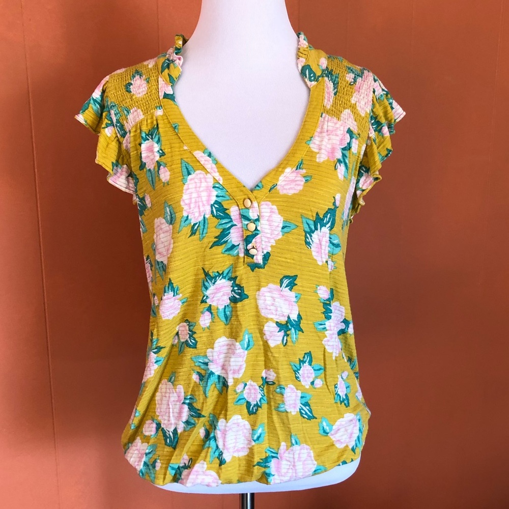 Anthropologie gold and pink flower top